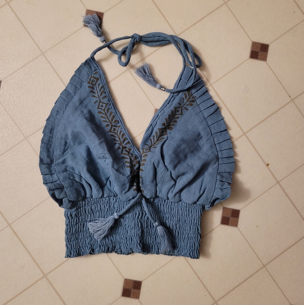 Mexicali Blues Block Print Halter Top Blue Cotton Boho Pixie Indo Western Fusion